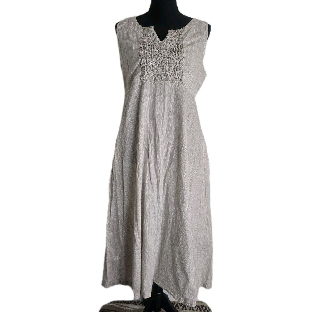 April Cornell Striped Pinafore Dress Midi Large Smocked A-line Pockets Tie Back